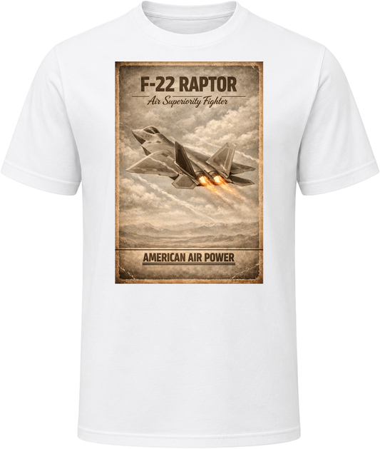 F-22 Raptor American Air Power white t-shirt with distressed vintage military aviation graphic by Smiling Wombat