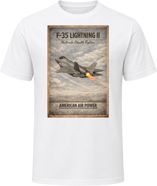 F-35 Lightning II American Air Power distressed graphic t-shirt in white – Smiling Wombat