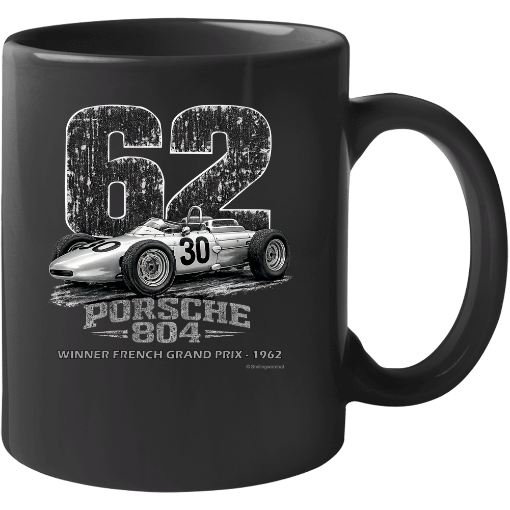 Porsche 804 F1 1962 French Grand Prix bold distressed art on black ceramic coffee mug