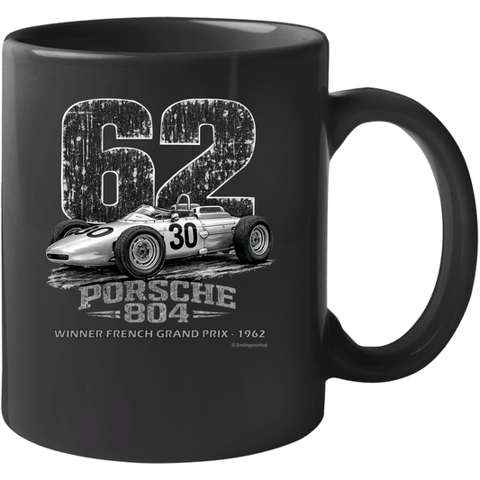 Porsche 804 F1 1962 French Grand Prix bold distressed art on black ceramic coffee mug