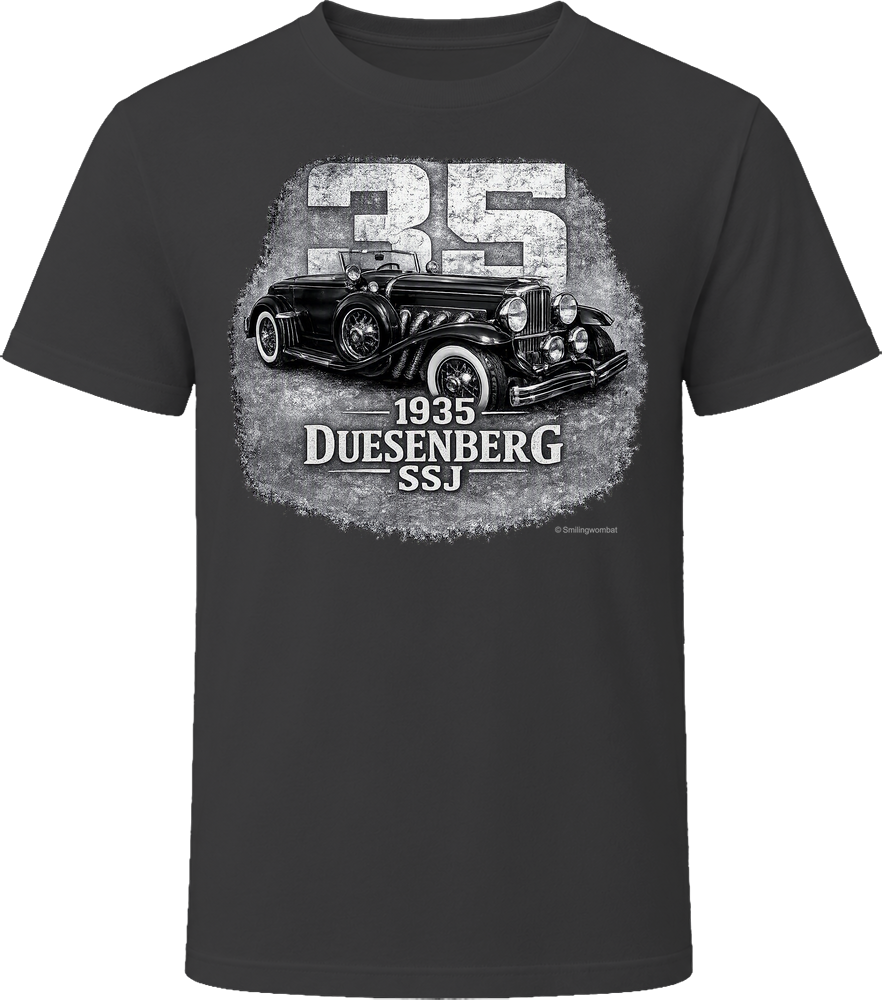 1935 Duesenberg SSJ vintage car graphic t-shirt in black with distressed retro design
