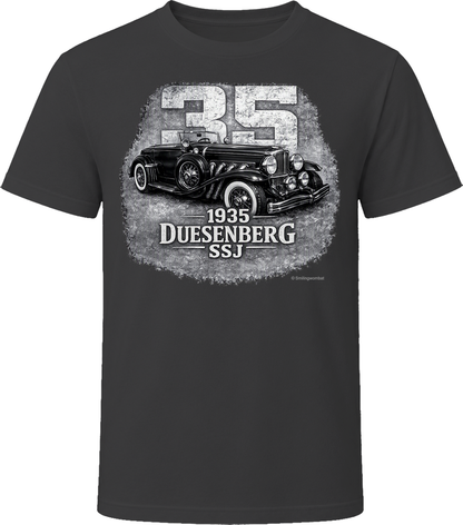 1935 Duesenberg SSJ vintage car graphic t-shirt in black with distressed retro design