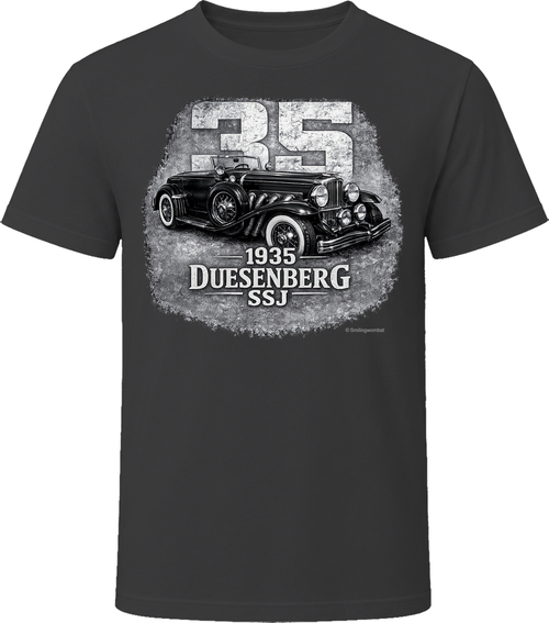 1935 Duesenberg SSJ vintage car graphic t-shirt in black with distressed retro design
