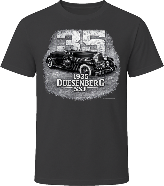1935 Duesenberg SSJ vintage car graphic t-shirt in black with distressed retro design