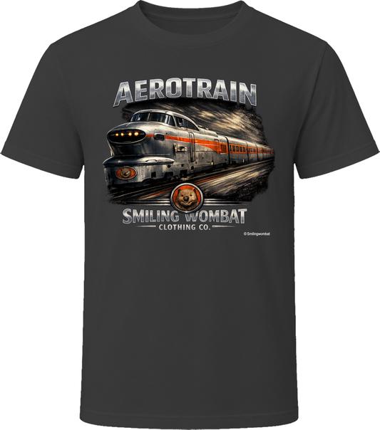 Aerotrain vintage railroad graphic t-shirt in black – distressed locomotive design