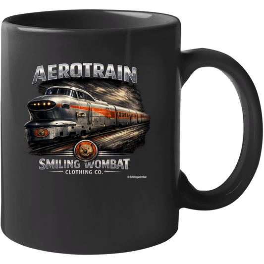 Aerotrain coffee mug black 11oz 15oz retro railroad design Smiling Wombat