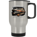 Aerotrain 14 oz stainless steel travel mug with bold distressed vintage train artwork from Smiling Wombat Famous Trains series
