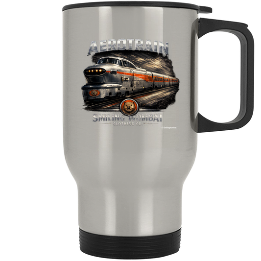 Aerotrain 14 oz stainless steel travel mug with bold distressed vintage train artwork from Smiling Wombat Famous Trains series