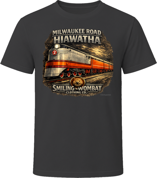 Milwaukee Road Hiawatha T-Shirt in Black — vintage locomotive graphic tee by Smiling Wombat Clothing Co.
