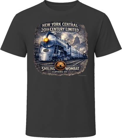 New York Central 20th Century Limited black t-shirt with vintage steam locomotive graphic by Smiling Wombat