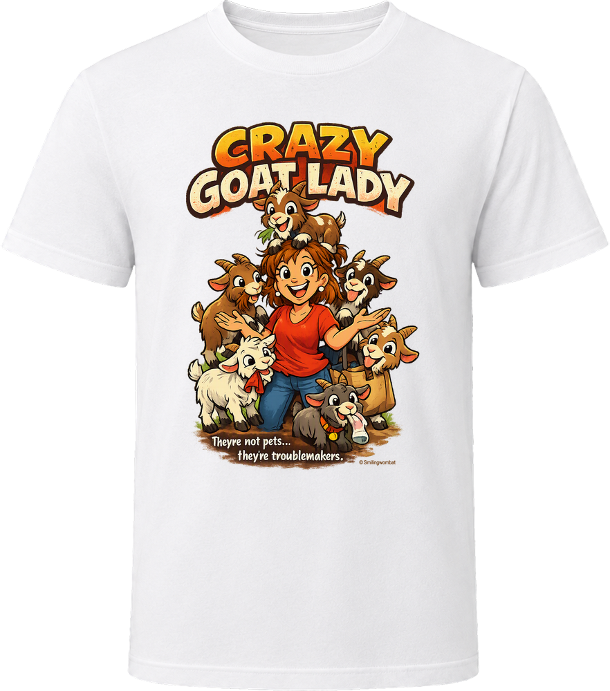  White Crazy Goat Lady T-shirt featuring a cartoon woman surrounded by six mischievous goats.