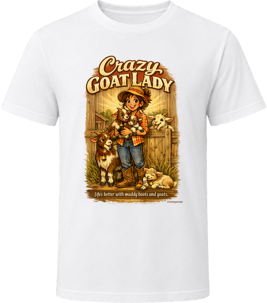 White Crazy Goat Lady T-shirt with a woman holding baby goats in a rustic barn scene

