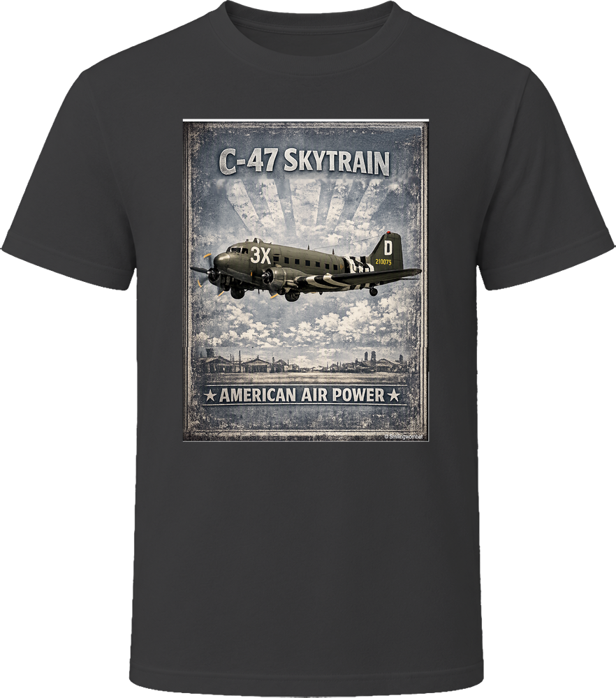Black T-shirt with distressed C-47 Skytrain WW2 cargo plane artwork and American Air Power lettering.
