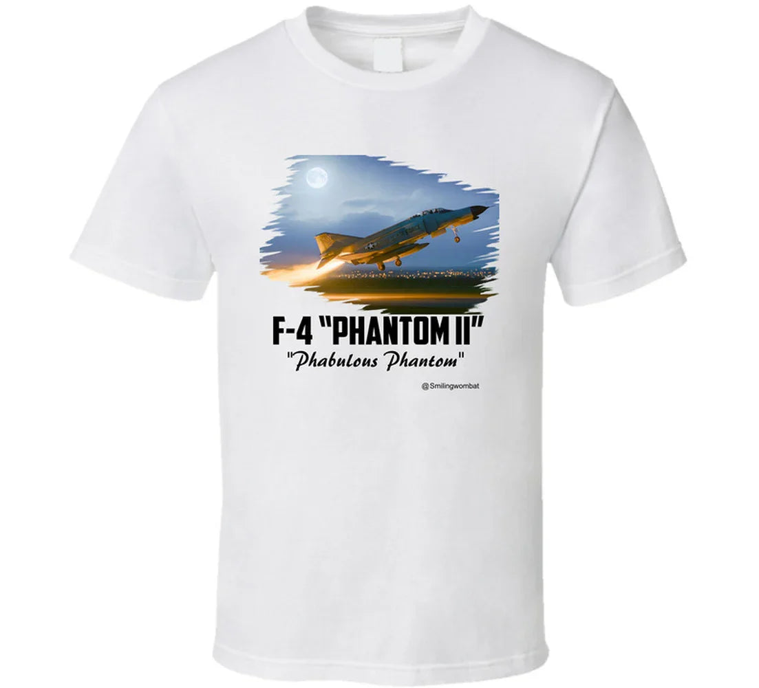 White t-shirt with F-4 Phantom II graphic and text on a white background