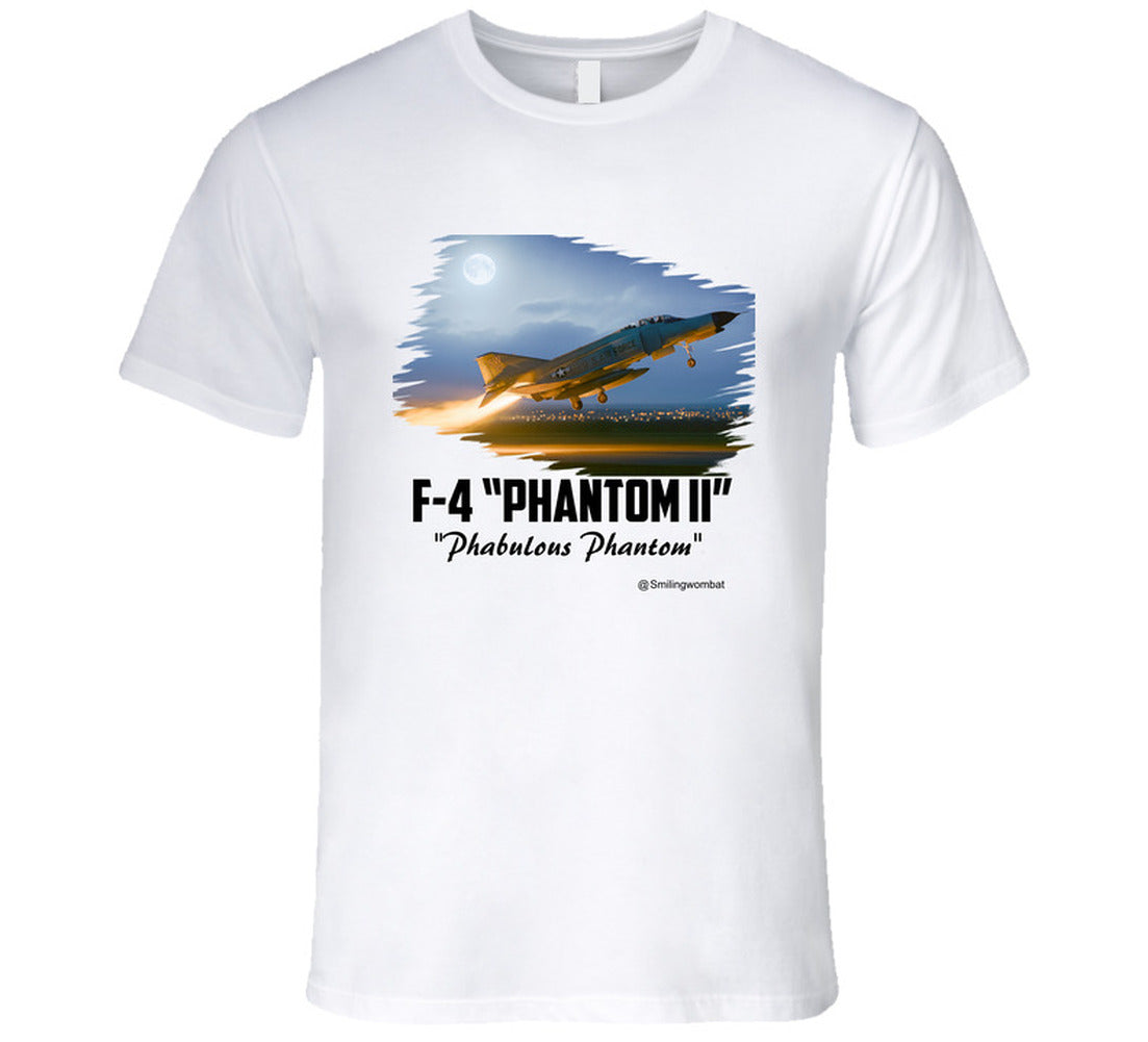 White t-shirt with F-4 Phantom II graphic on a white background