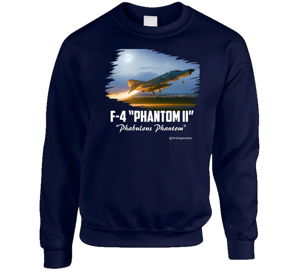 Navy blue sweatshirt with F-4 Phantom II graphic and text on a white background
