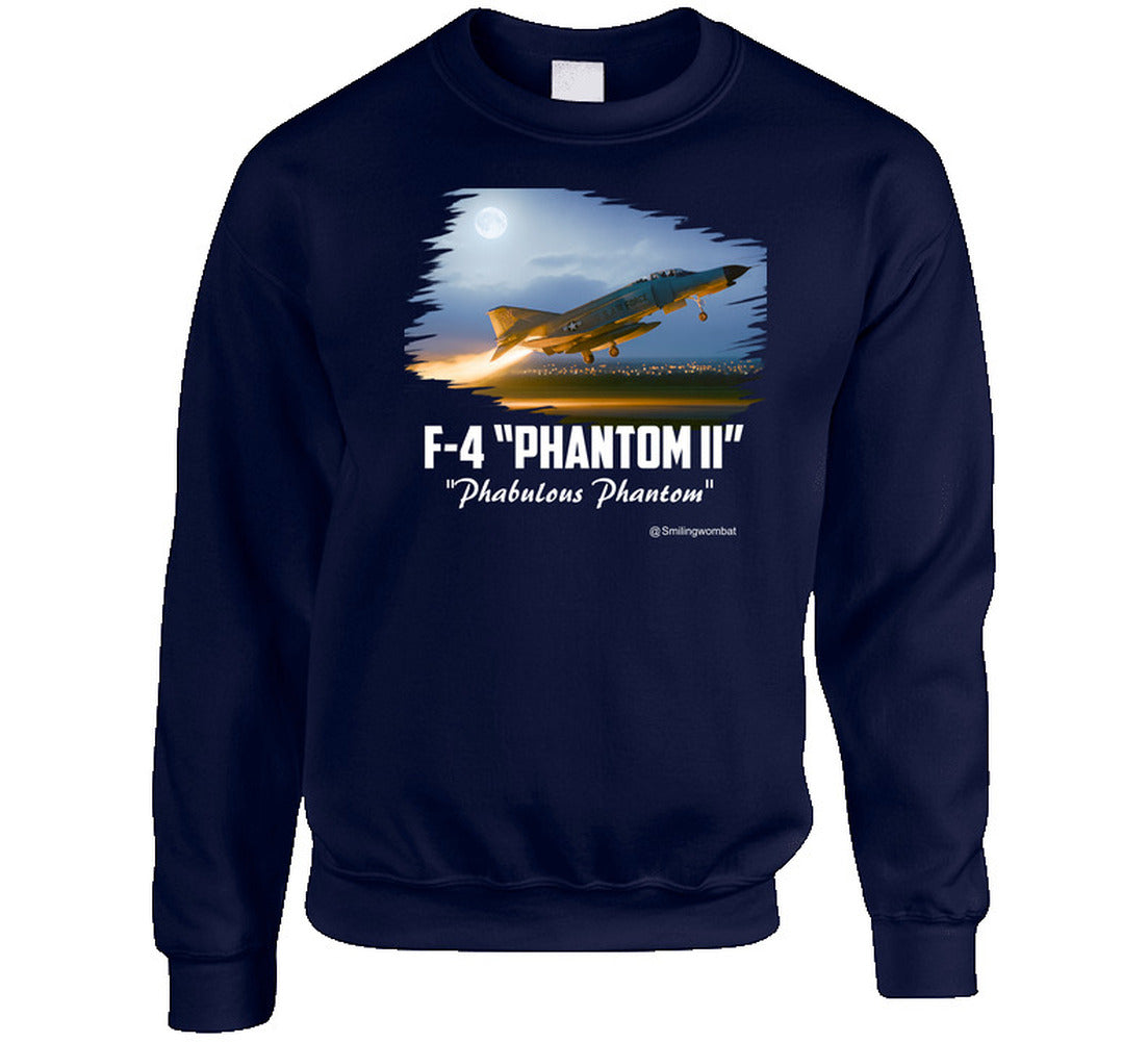 Navy blue sweatshirt with F-4 Phantom II graphic and text on a white background