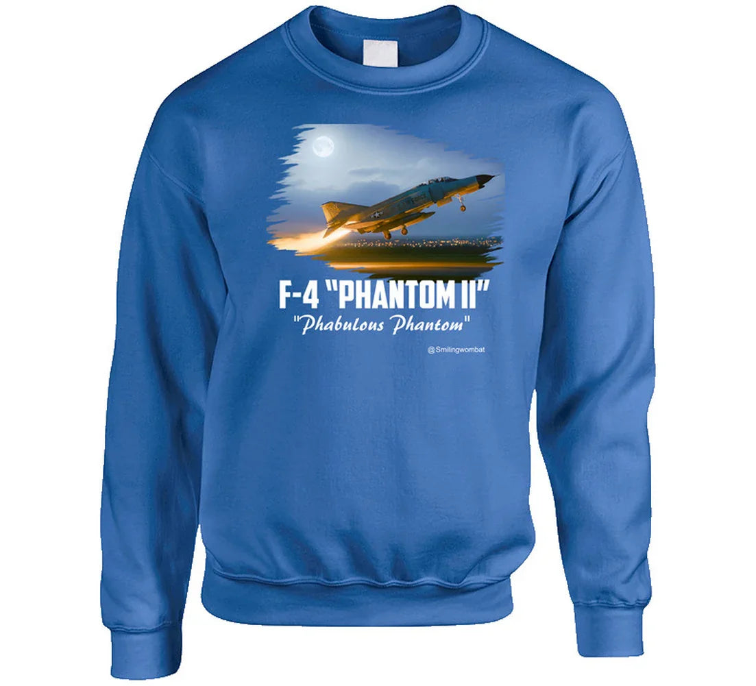 Blue sweatshirt with F-4 Phantom II graphic and text on a white background