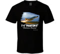 Black t-shirt with F-4 Phantom II graphic and text on a white background