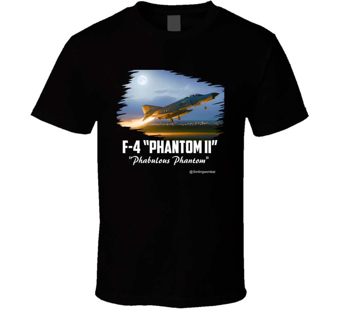Black t-shirt with F-4 Phantom II graphic and text on a white background