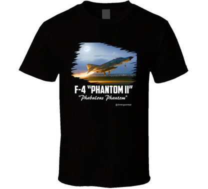 Black t-shirt with F-4 Phantom II graphic and text on a white background