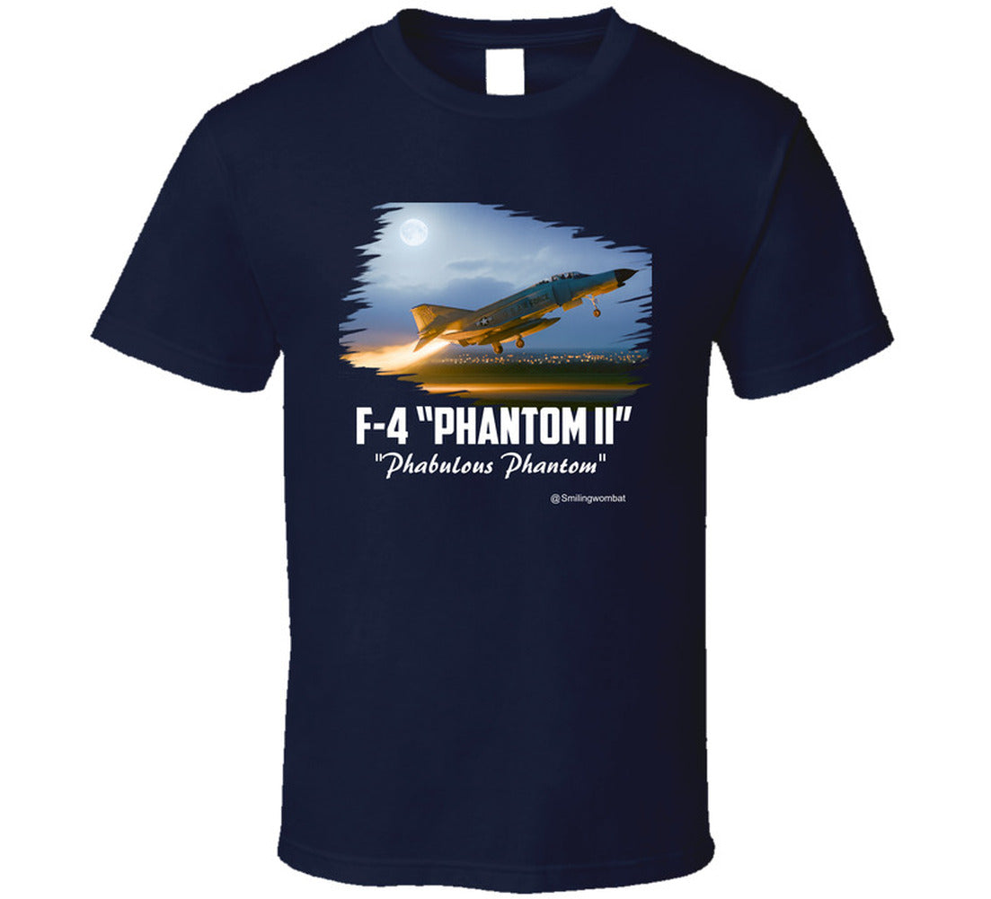 Navy blue t-shirt with F-4 Phantom II graphic and text on a white background
