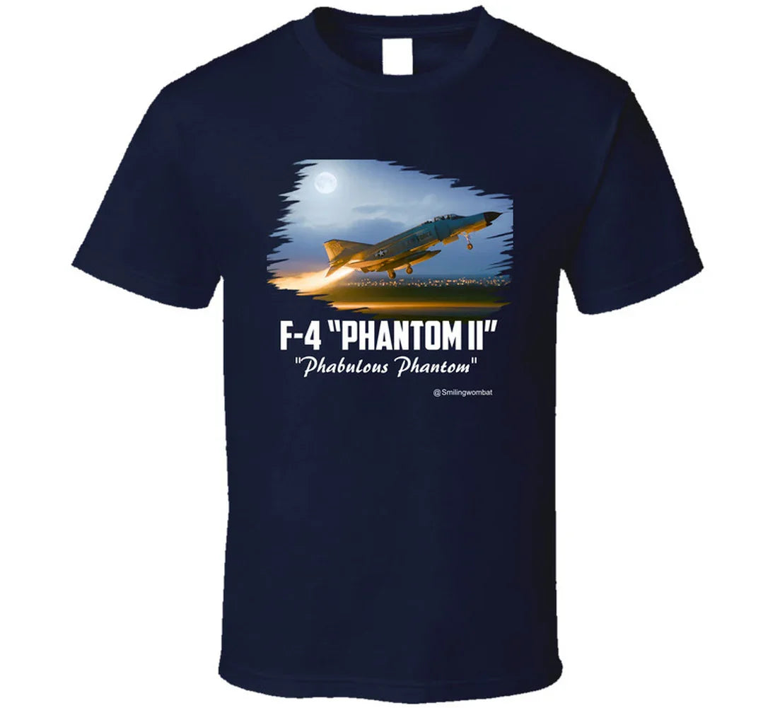 Navy blue t-shirt with F-4 Phantom II graphic and text on a white background
