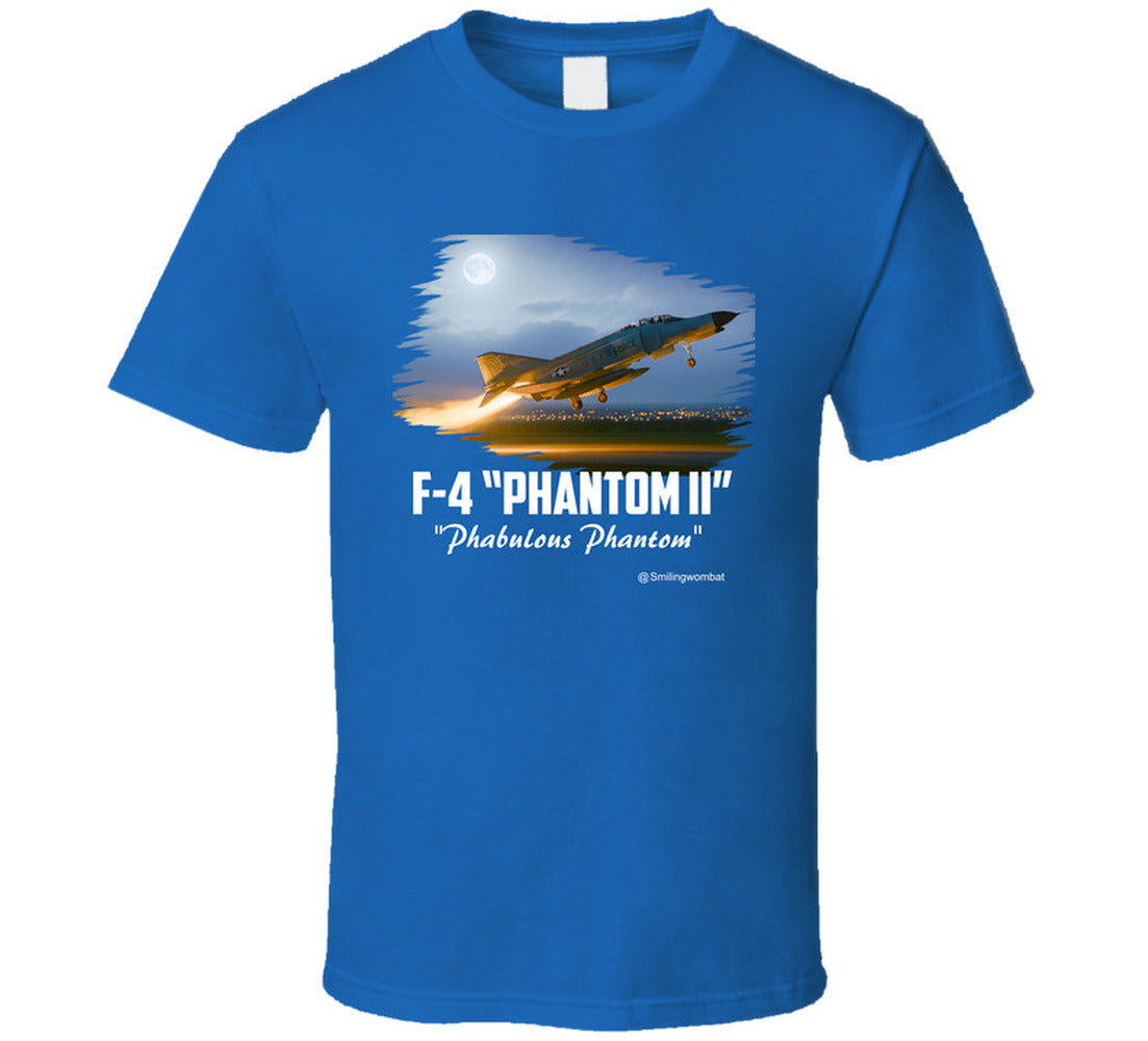 Blue t-shirt with F-4 Phantom II graphic on a white background