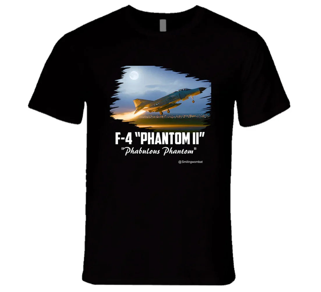 Black t-shirt with F-4 Phantom II graphic and text on a white background