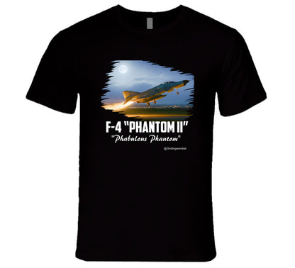 Black t-shirt with F-4 Phantom II graphic and text on a white background