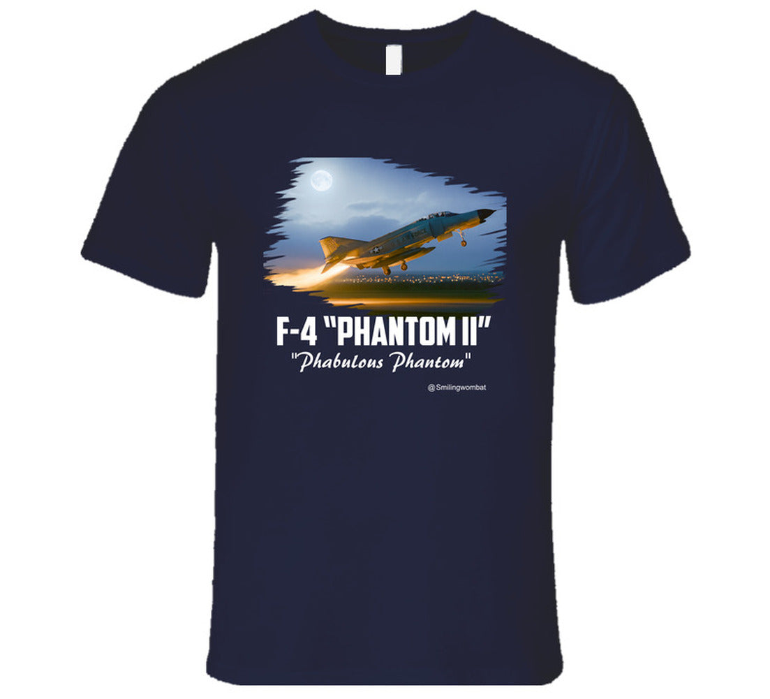 Navy blue t-shirt with F-4 Phantom II graphic and text on a white background