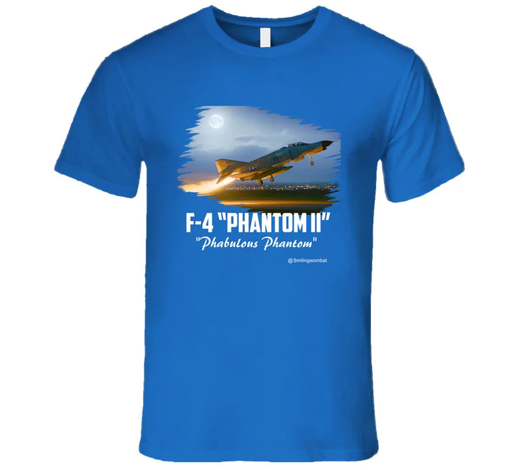 Blue t-shirt with F-4 Phantom II graphic on a white background