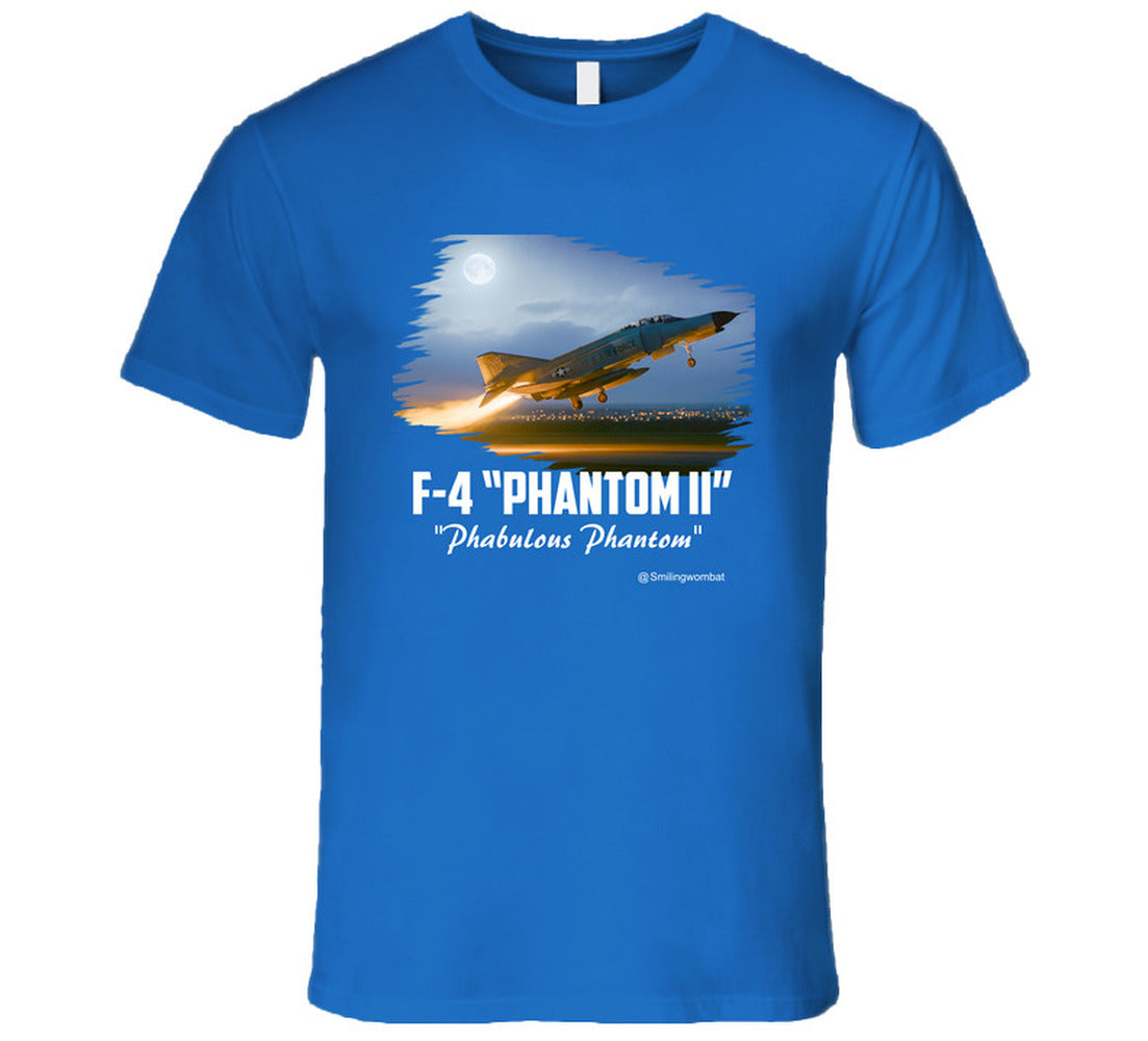 Blue t-shirt with F-4 Phantom II graphic on a white background
