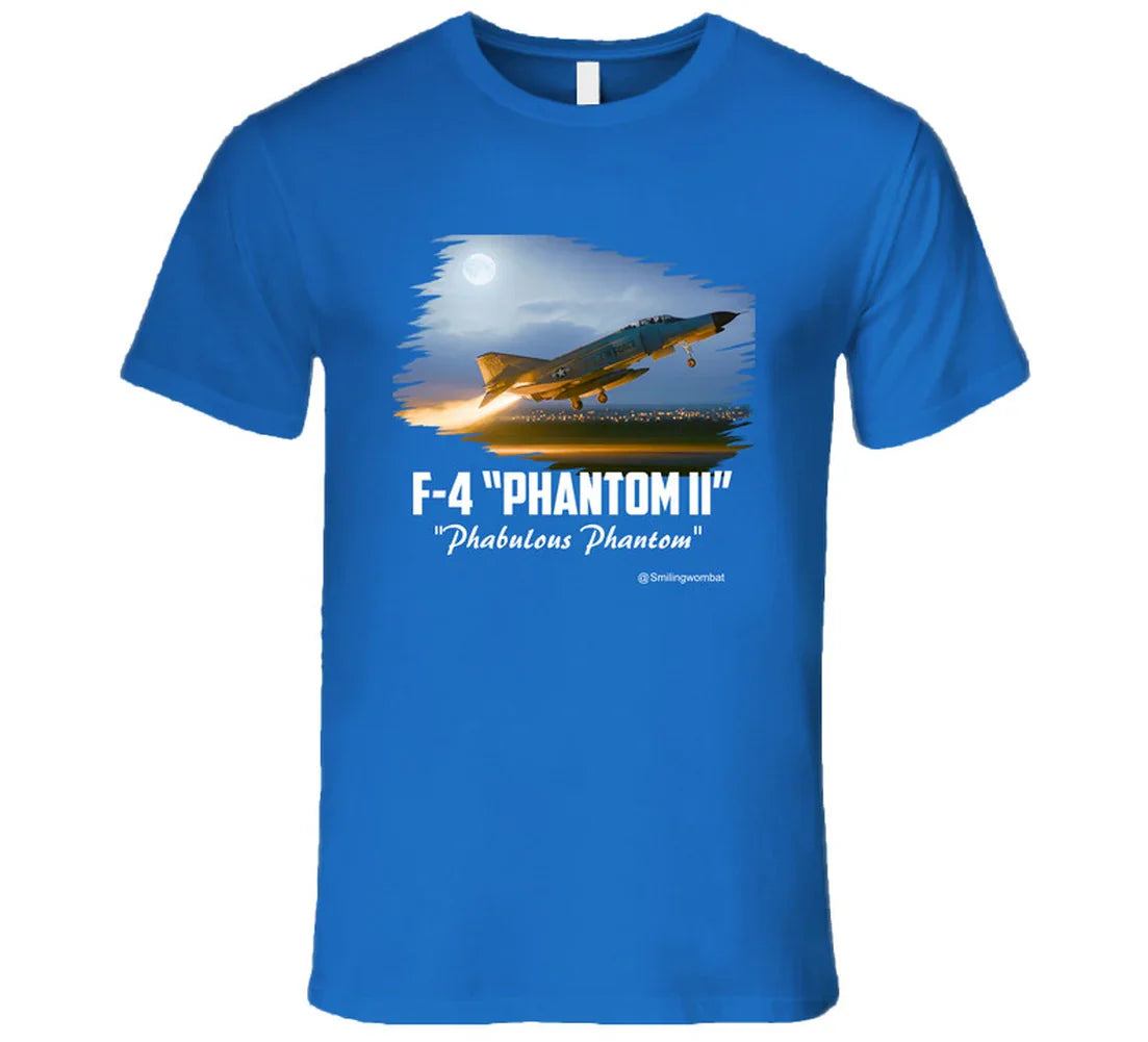 Blue t-shirt with F-4 Phantom II graphic on a white background