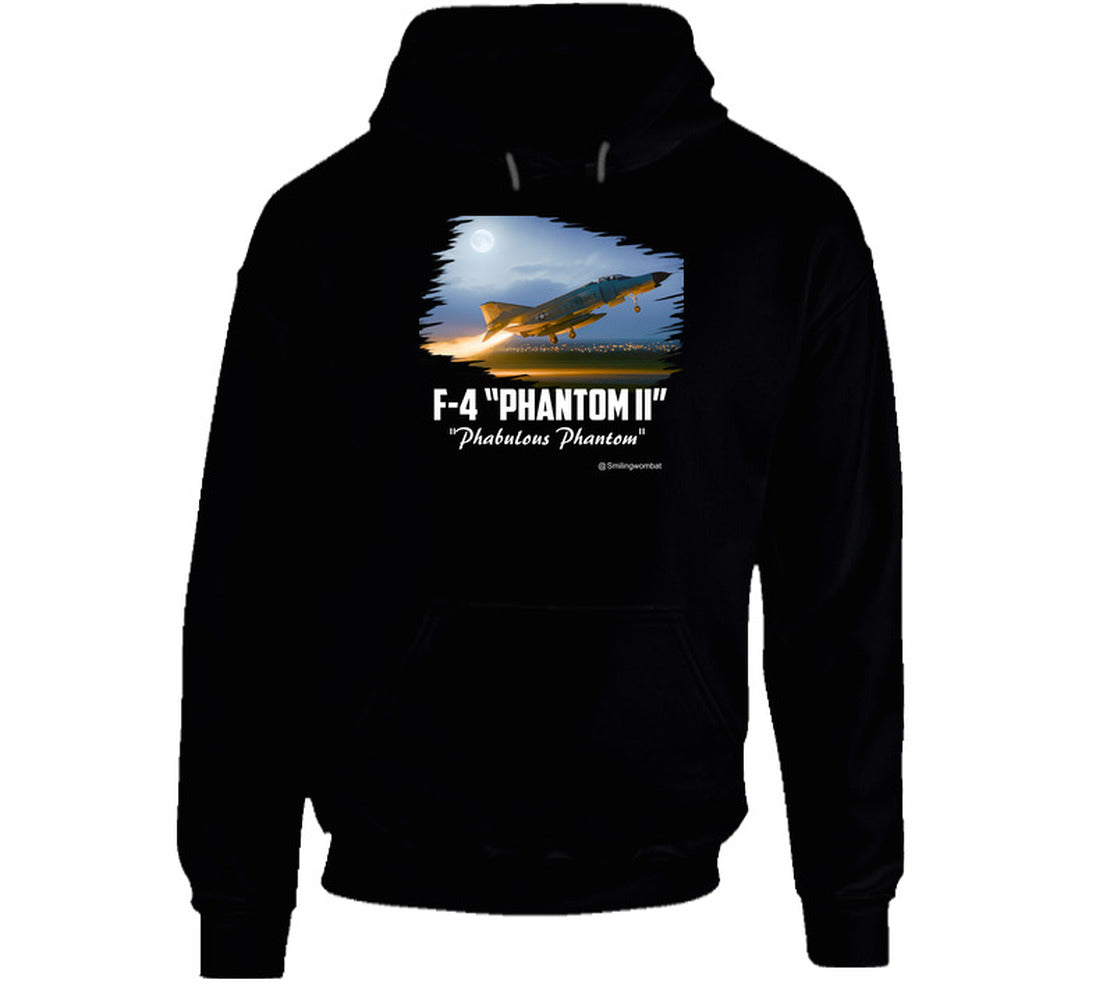 Black hoodie with F-4 Phantom II design on a white background