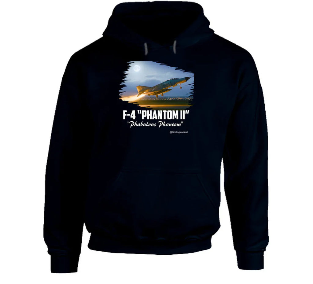 Black hoodie with F-4 Phantom II graphic on a white background