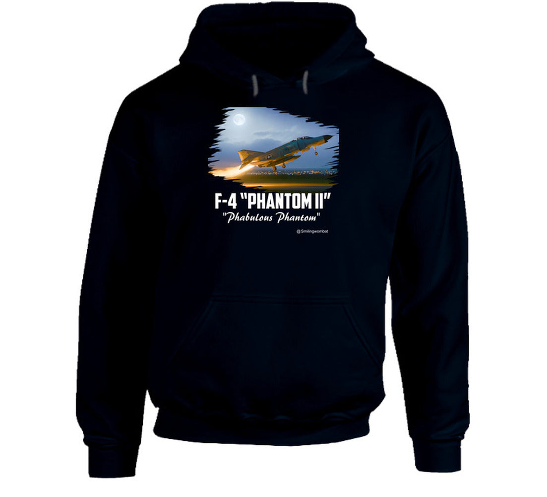 Black hoodie with F-4 Phantom II graphic on a white background