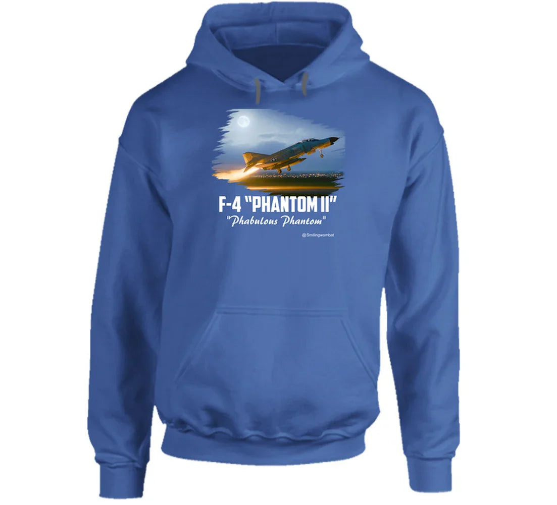 Blue hoodie with F-4 Phantom II design on a white background