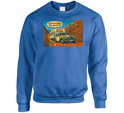 - “Smiling Wombat sweatshirt with vintage RV design and motivational camping slogan”
