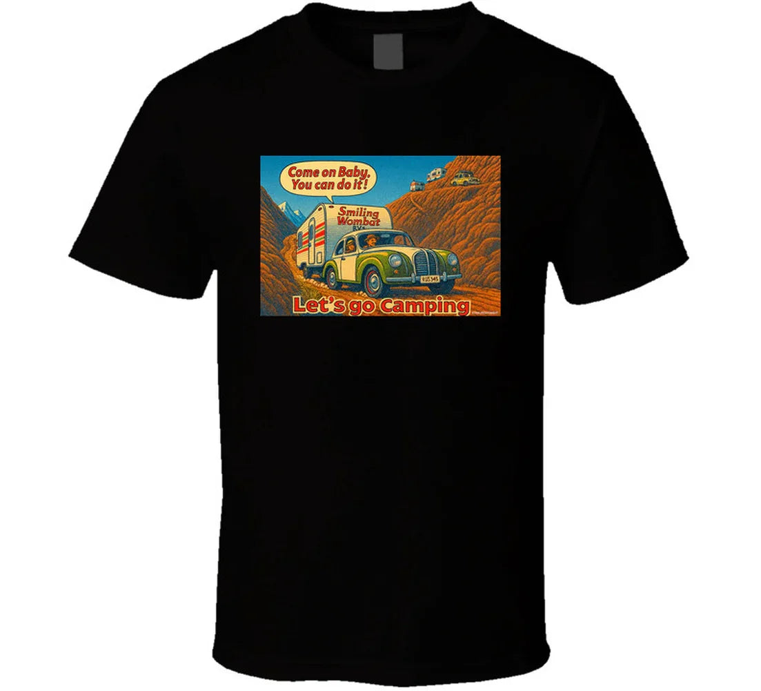 - “Smiling Wombat RV T-shirt featuring vintage-style car towing trailer up mountain with ‘Come on Baby’ slogan”
