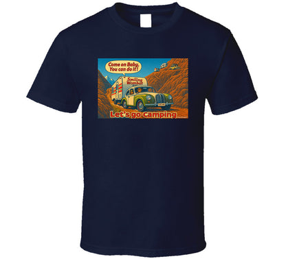 - “Smiling Wombat RV T-shirt featuring vintage-style car towing trailer up mountain with ‘Come on Baby’ slogan”
