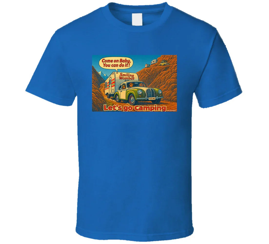 - “Smiling Wombat RV T-shirt featuring vintage-style car towing trailer up mountain with ‘Come on Baby’ slogan”
