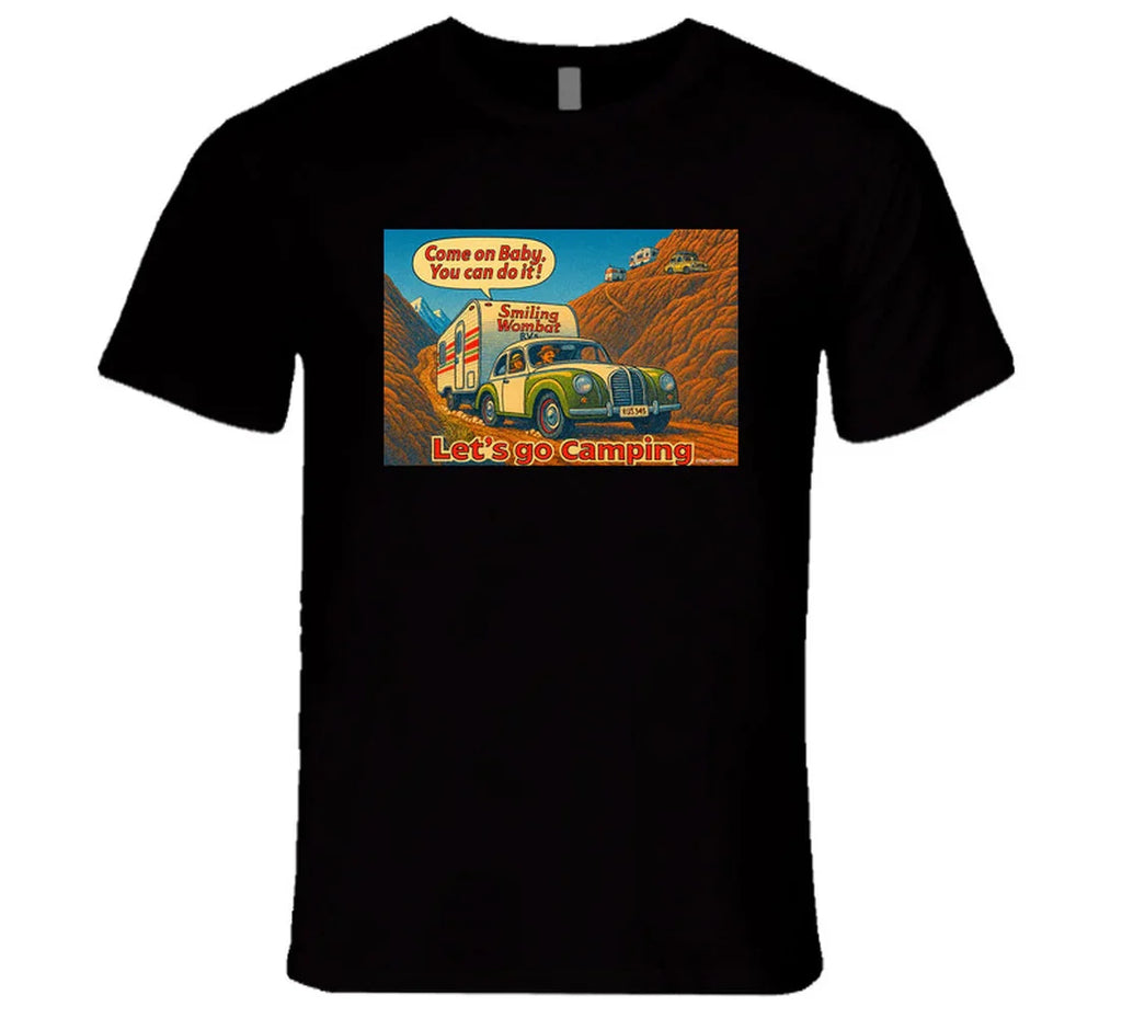 - “Smiling Wombat RV T-shirt featuring vintage-style car towing trailer up mountain with ‘Come on Baby’ slogan”
