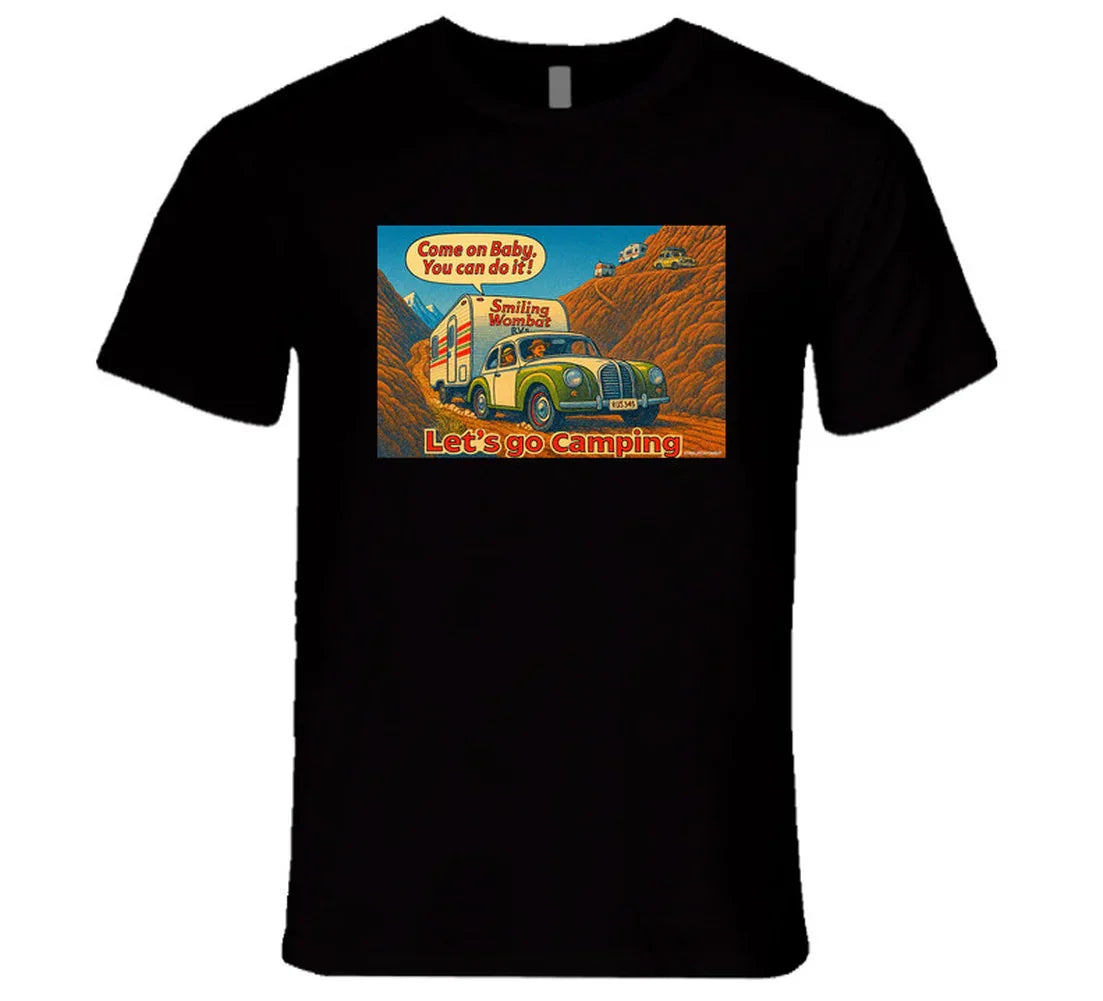 - “Smiling Wombat RV T-shirt featuring vintage-style car towing trailer up mountain with ‘Come on Baby’ slogan”
