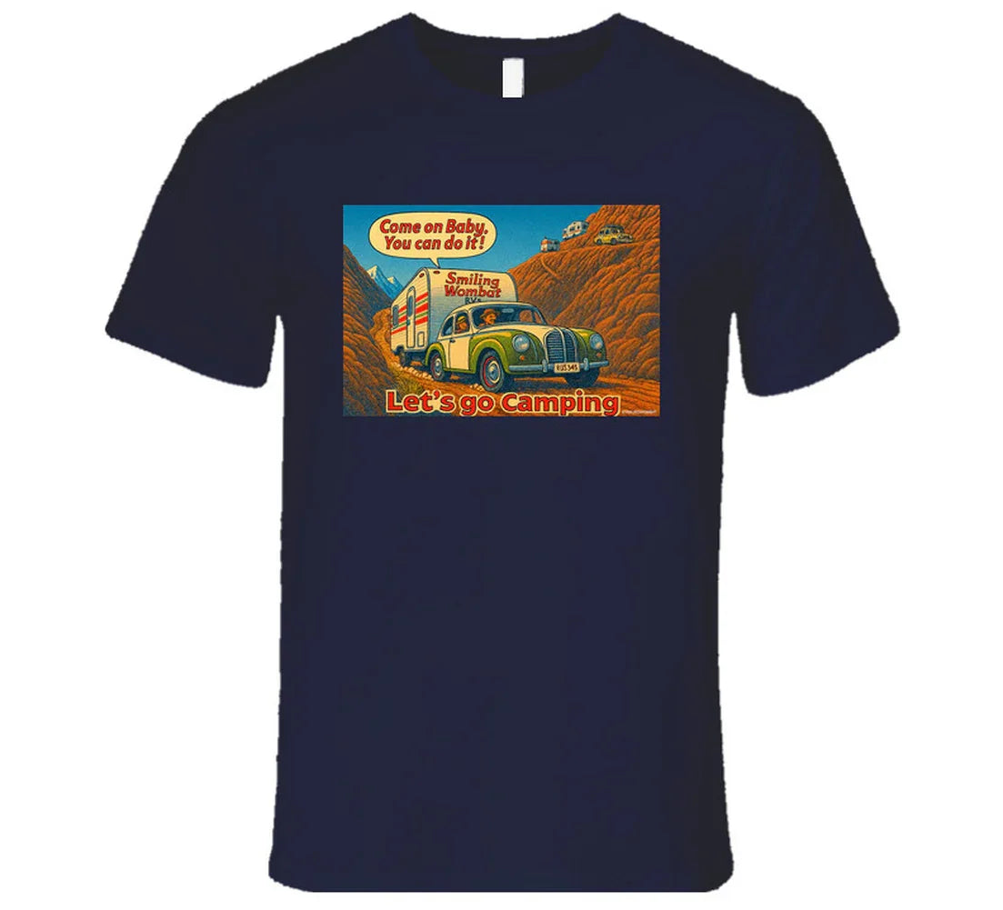 - “Smiling Wombat RV T-shirt featuring vintage-style car towing trailer up mountain with ‘Come on Baby’ slogan”
