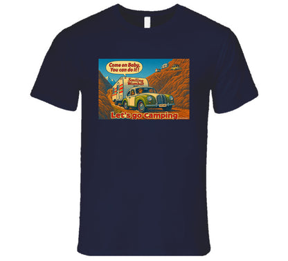 - “Smiling Wombat RV T-shirt featuring vintage-style car towing trailer up mountain with ‘Come on Baby’ slogan”
