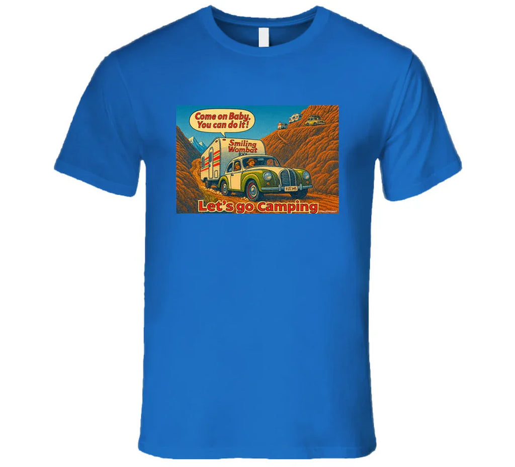 - “Smiling Wombat RV T-shirt featuring vintage-style car towing trailer up mountain with ‘Come on Baby’ slogan”
