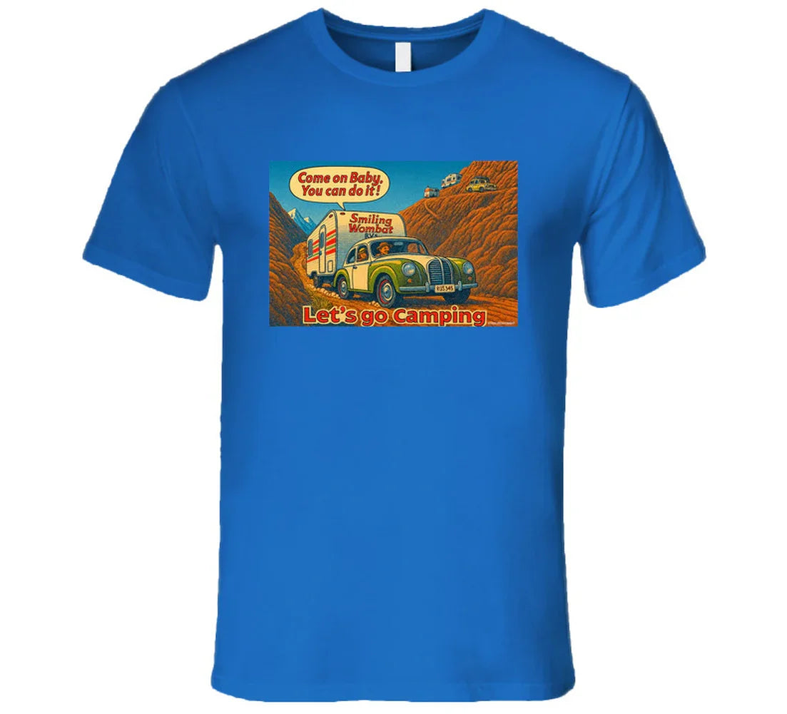 - “Smiling Wombat RV T-shirt featuring vintage-style car towing trailer up mountain with ‘Come on Baby’ slogan”
