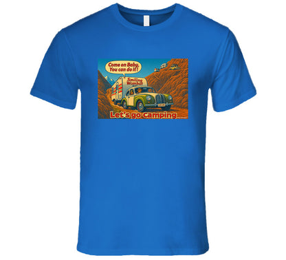 - “Smiling Wombat RV T-shirt featuring vintage-style car towing trailer up mountain with ‘Come on Baby’ slogan”
