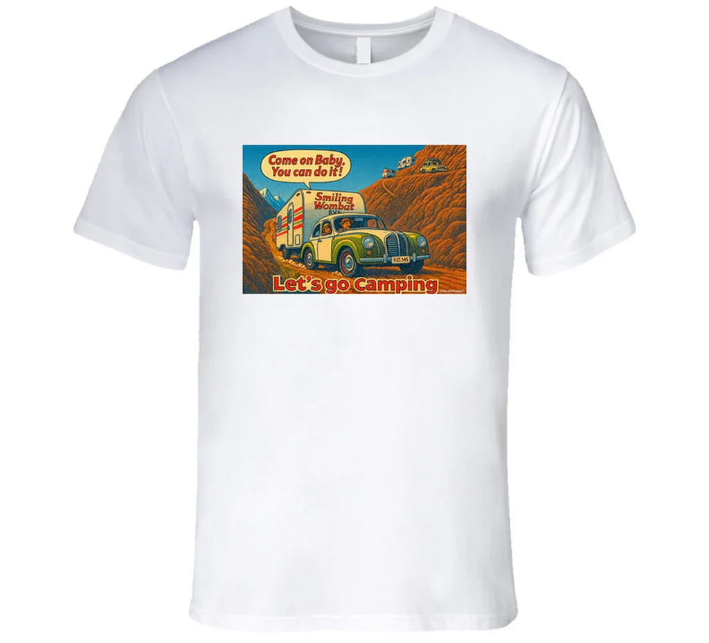 - “Smiling Wombat RV T-shirt featuring vintage-style car towing trailer up mountain with ‘Come on Baby’ slogan”
